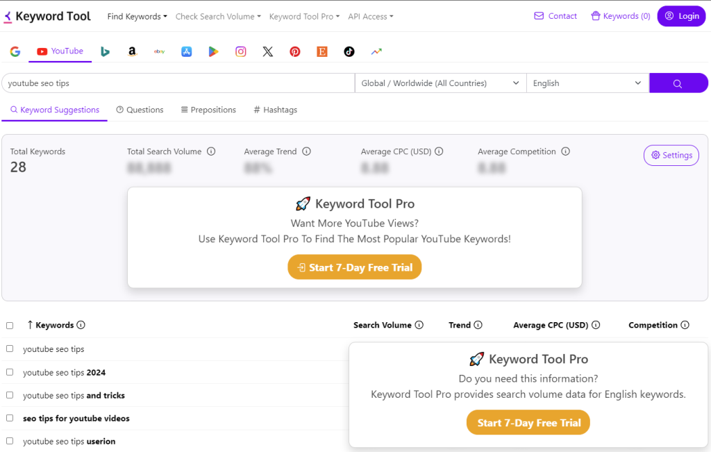 Gratis zoekvolume tool KeywordTool io