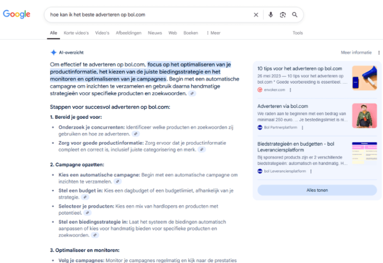 AI overview van Google over Bol.com adverteren